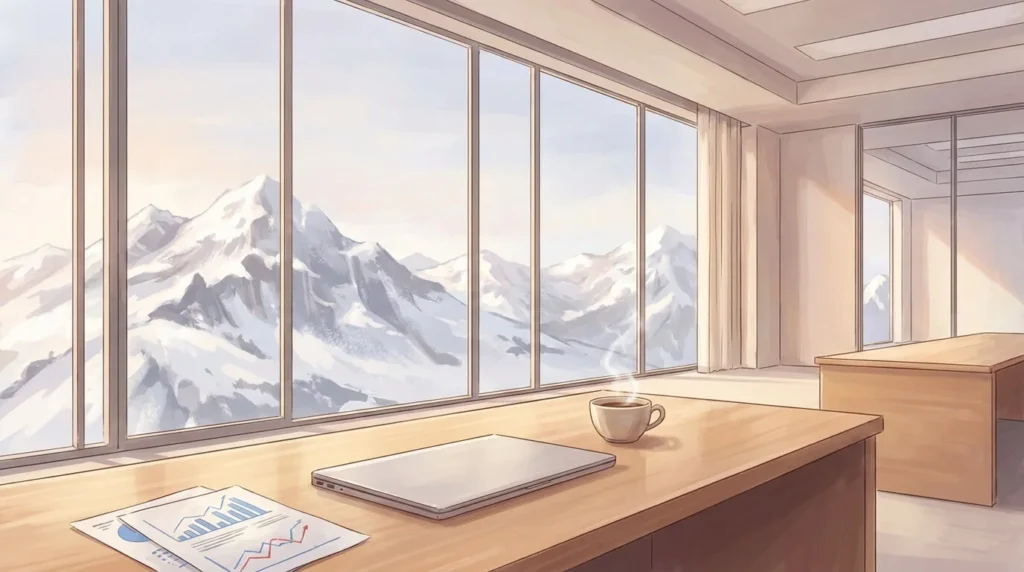 Una oficina moderna de estilo anime en Andorra, con un escritorio de madera limpia, laptop, gráficos financieros y una taza de café, frente a una ventana panorámica que muestra los Pirineos nevados.