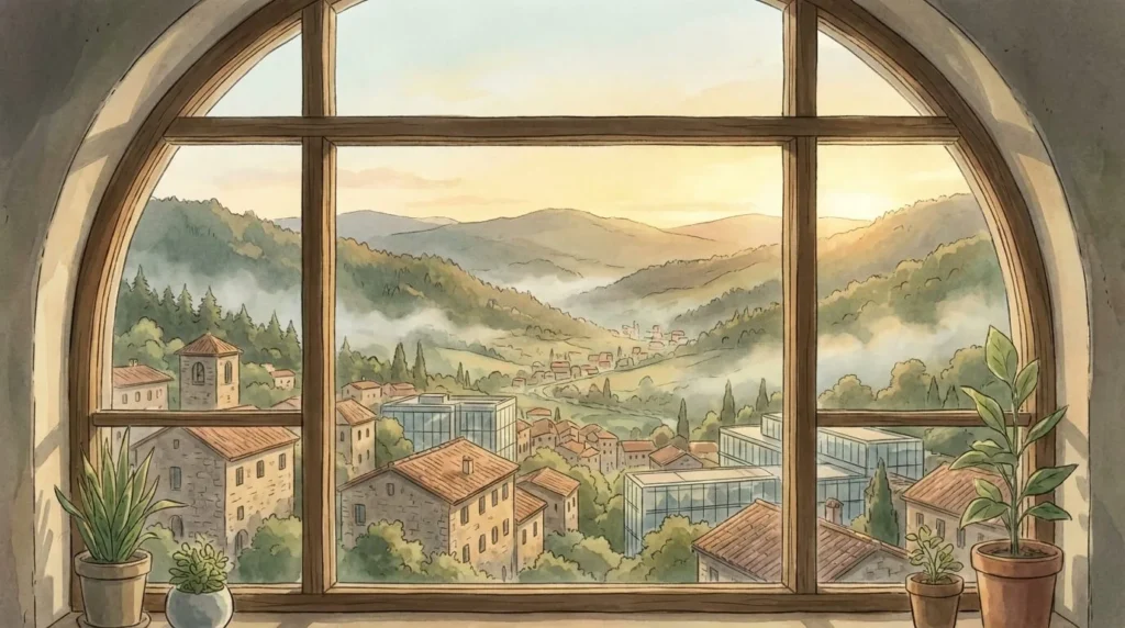 Vista panorámica de los valles de Andorra la Vella y sus edificios modernos desde una ventana alta, bañados por una suave luz cálida. No hay personas visibles.