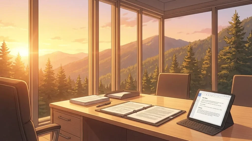Un despacho minimalista con un escritorio de madera clara y una tablet, con grandes ventanales que muestran las montañas de Andorra cubiertas de pinos bajo una cálida luz de atardecer, estilo anime.