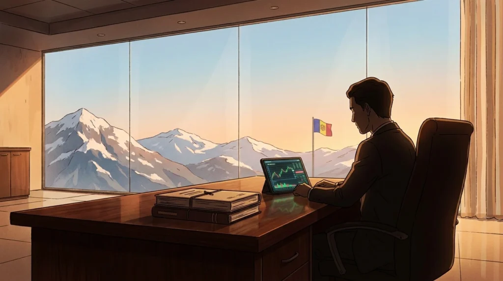 Oficina minimalista moderna en ático en Andorra, con escritorio de madera, documentos y tableta con gráficos financieros, vistas a los Pirineos nevados. Estilo anime japonés con tonos cálidos de atardecer.