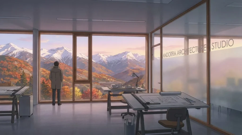 Oficina moderna y minimalista en Andorra con ventanales panorámicos que muestran los Pirineos nevados en otoño, estilo anime japonés elegante.