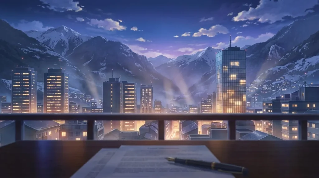 Ilustración estilo anime cinematográfico del skyline moderno de Andorra la Vella con los Pirineos al atardecer, incluyendo un escritorio con documentos legales en primer plano.