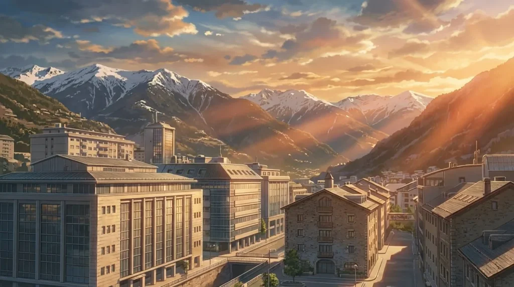 Edificios gubernamentales modernos de Andorra la Vella frente a montañas bajo un cielo dorado al estilo anime