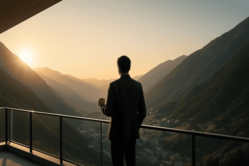 vivir-en-andorra-permiso-residencia Persona de espaldas en un balcón moderno mirando un valle de Andorra, representando el éxito y la nueva vida tras obtener el permiso de residencia en el Principado.